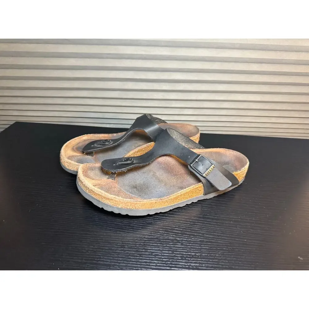 Birkenstock Gizeh Black Leather Thong Sandals EU39 US 8 Narrow Footbed